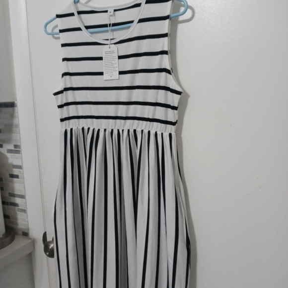 Black/White contrasting Stripes Longline Summer T shirt Tank Dress w Pockets M - Picture 7 of 8